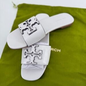 Tory Burch Ines Flat Slide Gardenia White Goat Leather Sandals 149466 Women's 7